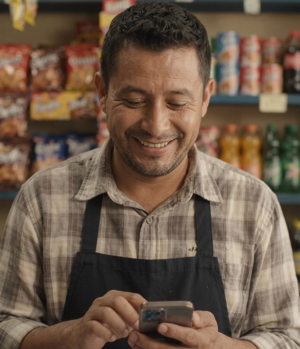 Ofirox: punto de venta, campañas con IA y guías para emprendedores Emprendedor sonriendo mientras revisa su celular en su tienda